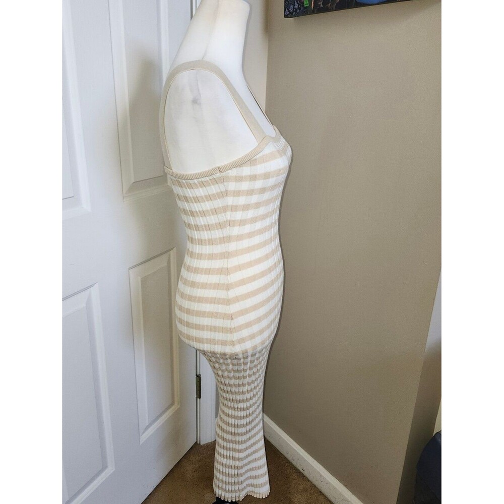 Merokeety Stretchy Knit Cream & Tan Striped Maxi Dress, Square Neckline, XS - Picture 8 of 12
